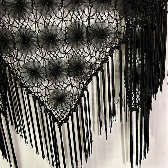 Black Crochet Beaded Floral Fringe Shawl - Picture 13 of 15